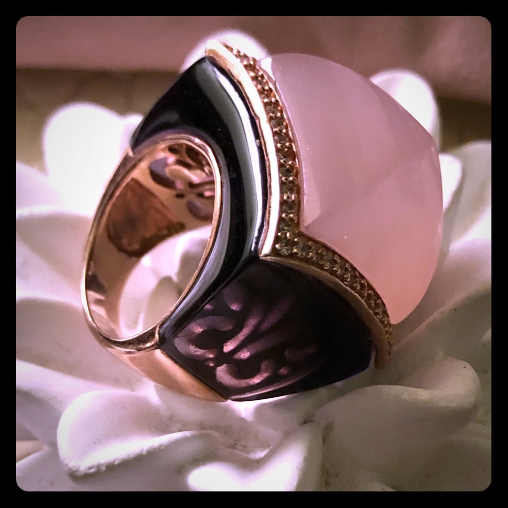 Gold plated amethyst ring with pink quartz sio7
